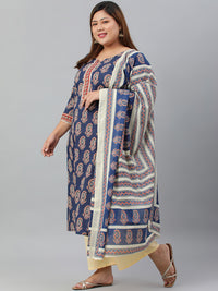 Thumbnail for Janasya XL LOVE by Janasya Women's Plus Size Indigo Cotton Kurta With Palazzo and Dupatta - Distacart