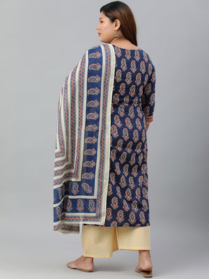 Janasya XL LOVE by Janasya Women's Plus Size Indigo Cotton Kurta With Palazzo and Dupatta - Distacart