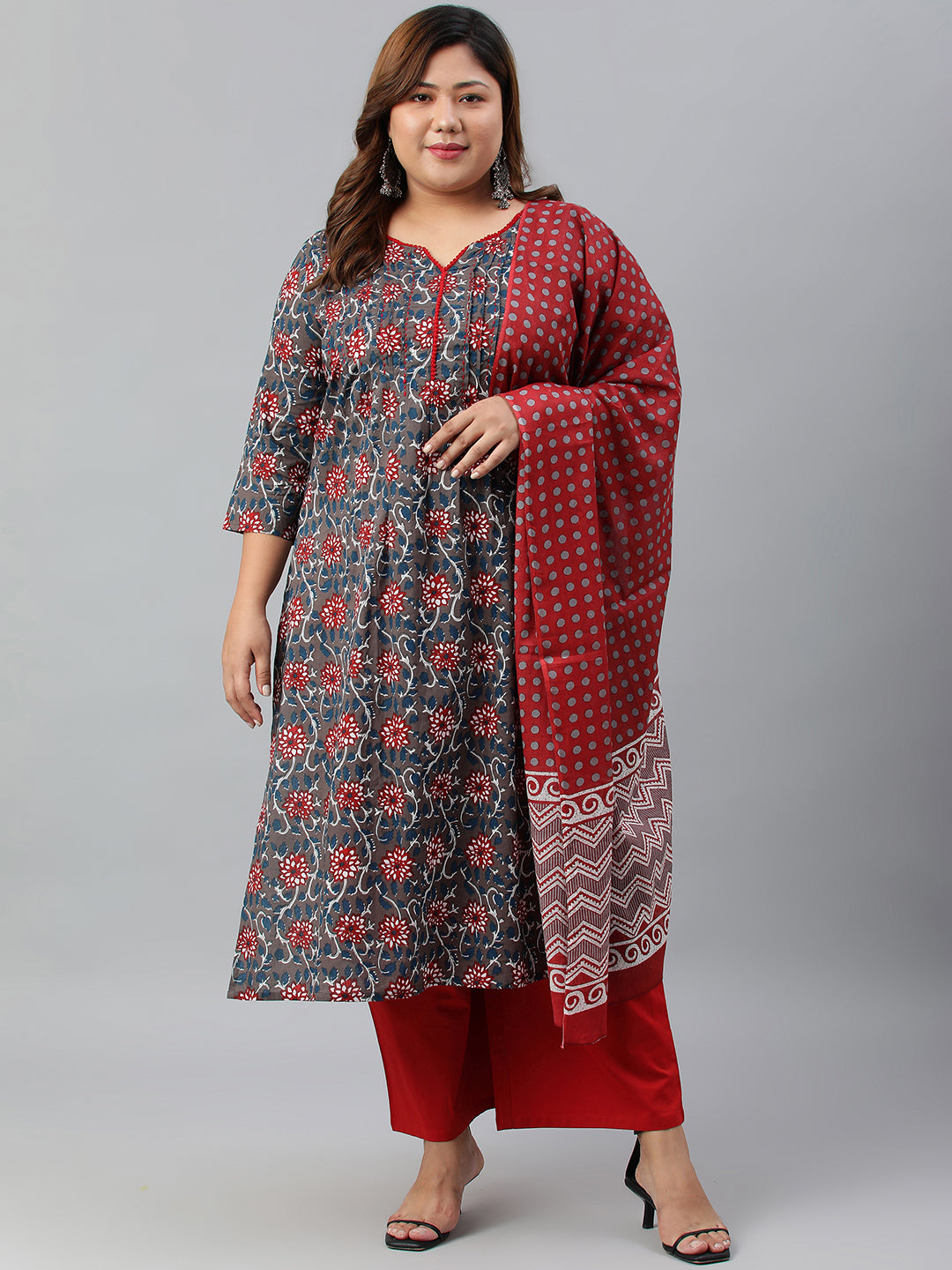 Janasya XL LOVE by Janasya Women's Plus Size Grey Cotton Kurta With Palazzo and Dupatta - Distacart