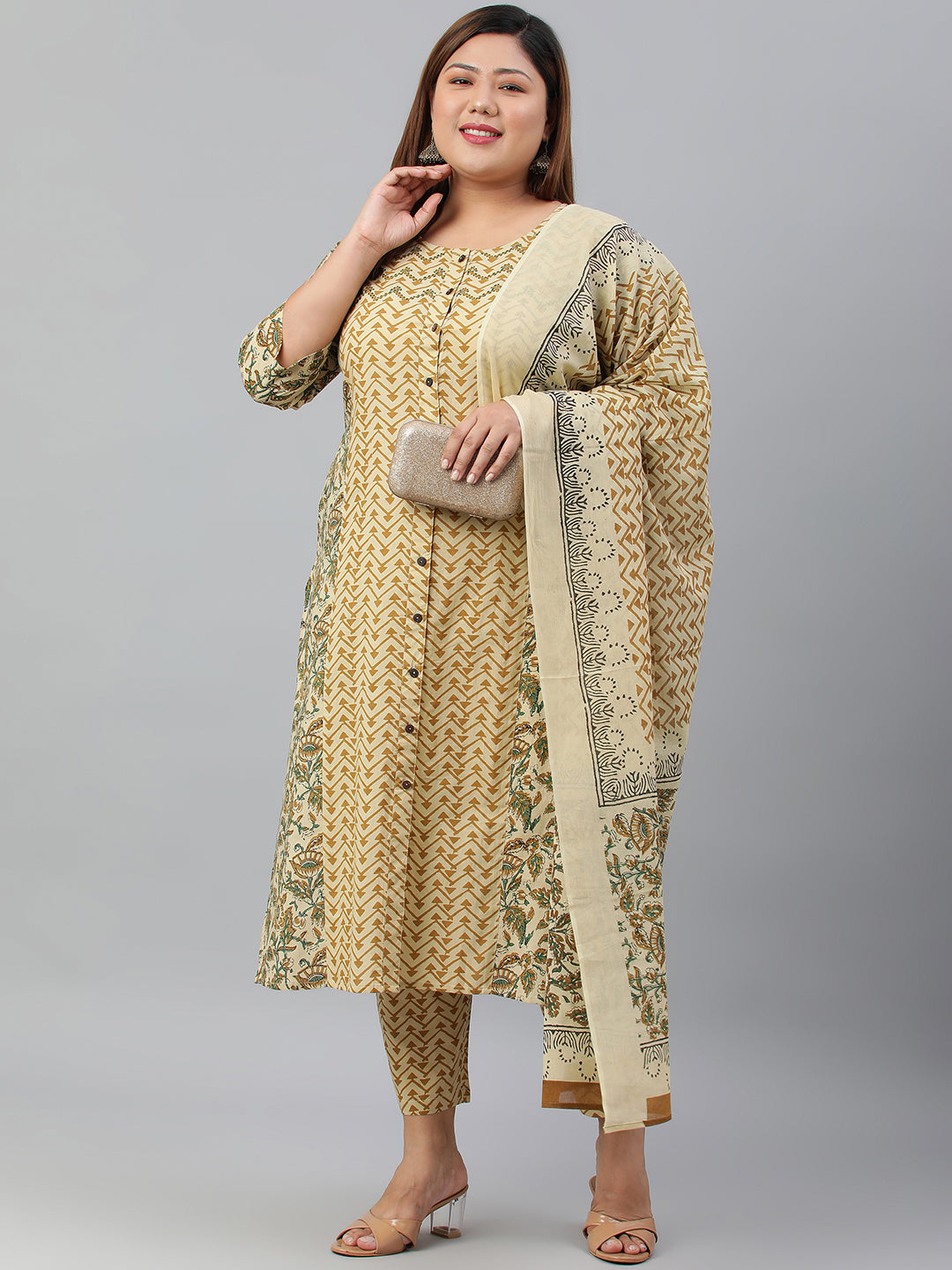 Janasya XL LOVE by Janasya Women's Plus Size Beige Cotton Kurta With Pant and Dupatta - Distacart