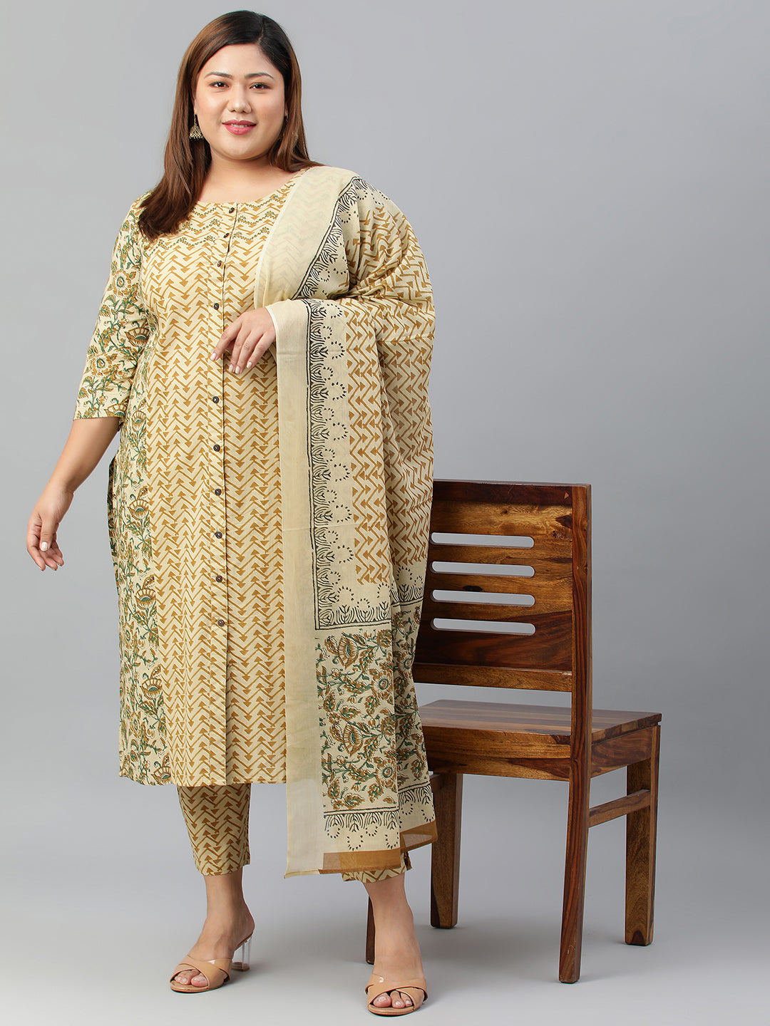 Janasya XL LOVE by Janasya Women's Plus Size Beige Cotton Kurta With Pant and Dupatta - Distacart