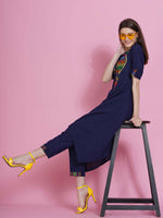 Thumbnail for Women Republic Navy Blue Cotton Embroidered Kurta With Pants - Distacart