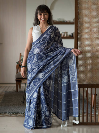 Suta Blue Floral Pure Cotton Saree - Distacart