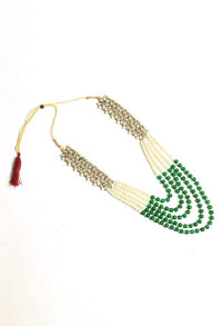 Thumbnail for Tehzeeb Creations Green And White Pearl And Kundan Necklace Set With Earrings And Tikka