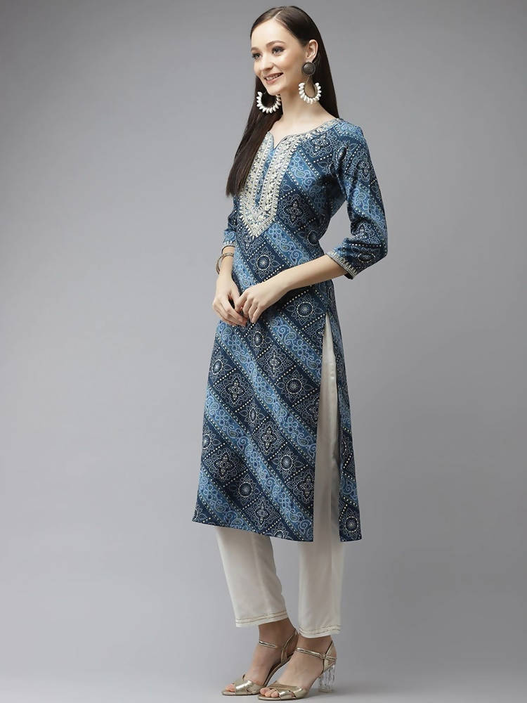 Yufta Women Blue Bandhani Printed Regular Gotta Patti Kurta with Palazzo & With Dupatta