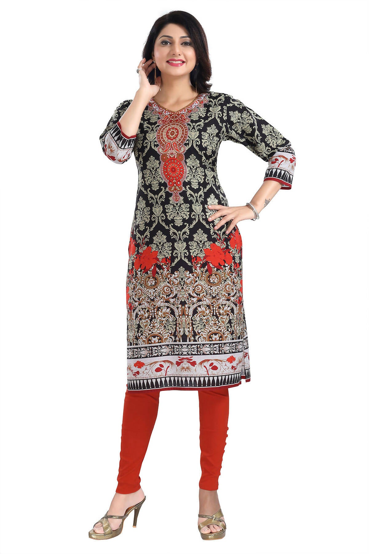 Snehal Creations Deep Black Designer Digital Print Cotton Slub Fabric Long Kurti Tunic - Distacart