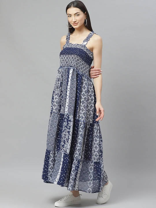 Myshka Navy Blue And White Geometric Printed Maxi Tiered Dress - Distacart