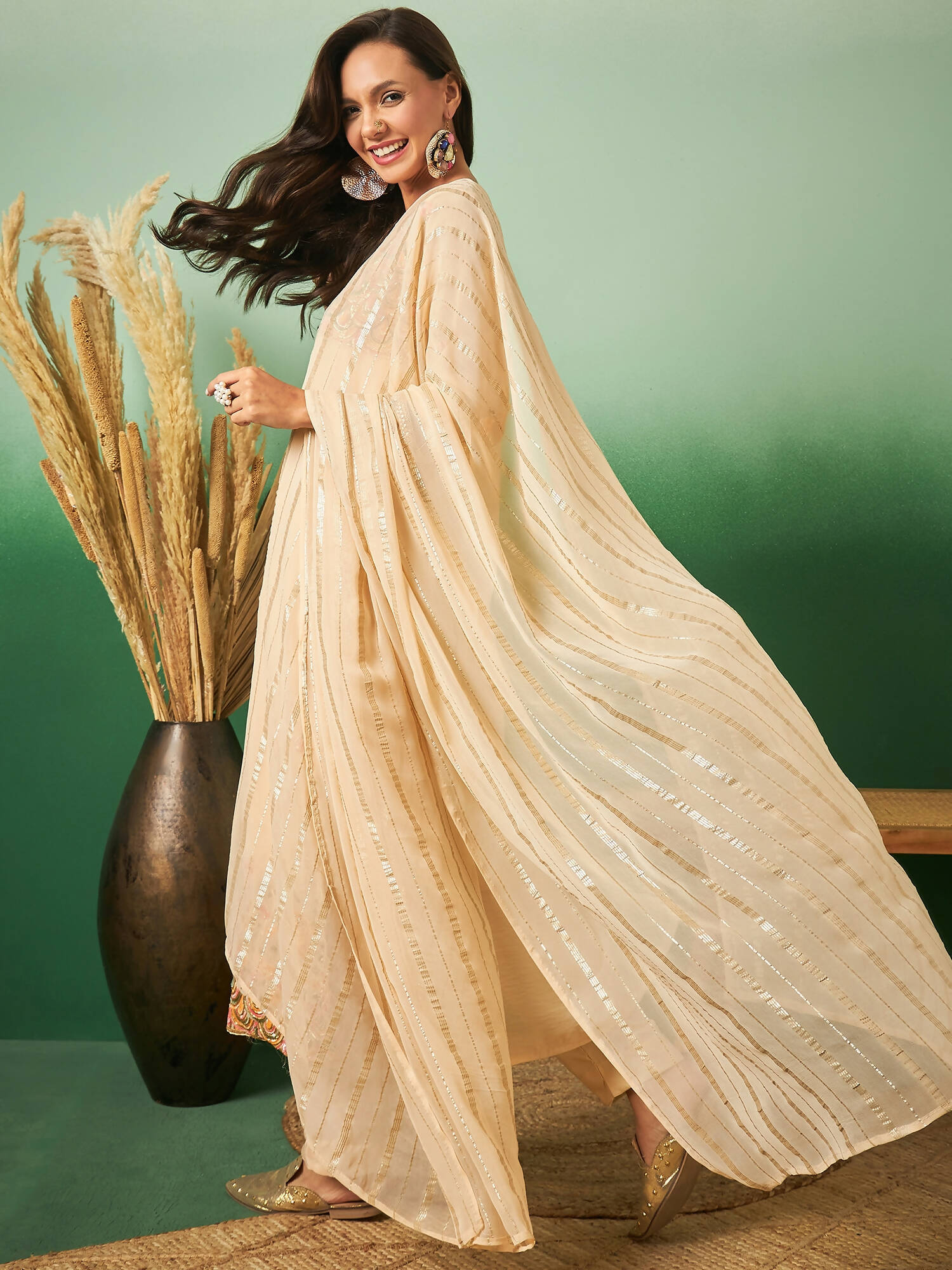 Light Orange Georgette Handwork Unstitched Dress Material - Hanika - Distacart