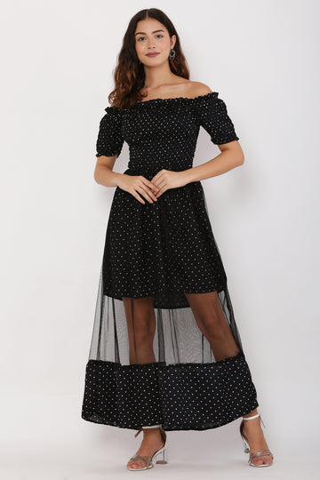 PAVONINE Black Color Micro Dot Net Kansai Dress For Women - Distacart