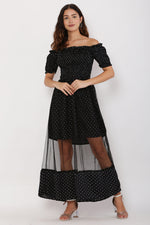 Thumbnail for PAVONINE Black Color Micro Dot Net Kansai Dress For Women - Distacart