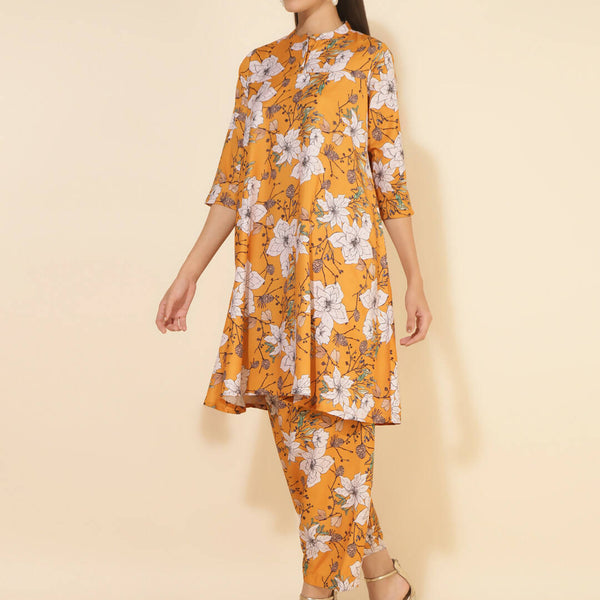 Janasya Women's Mustard Moss Digital Floral Printed Casual A-line Co-ords - Distacart