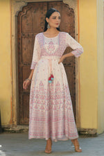 Thumbnail for Juniper Women's Pink Viscose Shantoon Festive Printed Flared Dress - Distacart