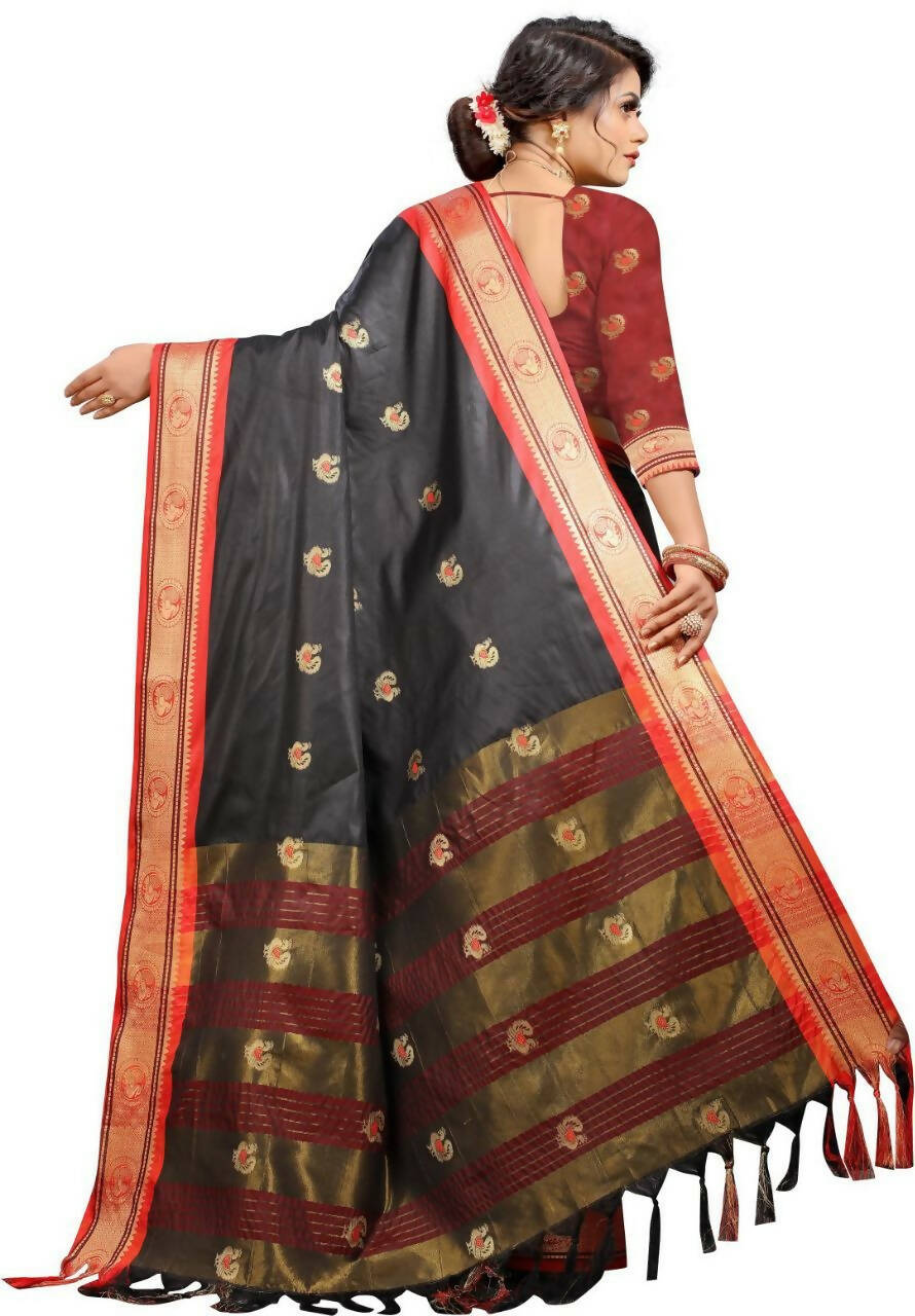 DEIANA'S Beautiful Golden Jari with New Design Soft Lichi Silk Saree - Black - Distacart