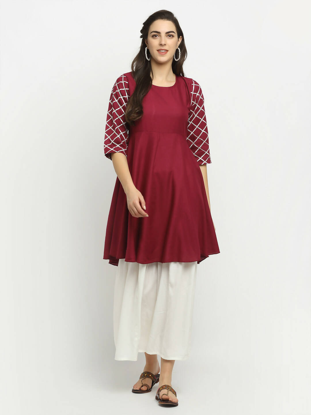 Rudra Bazaar Wine Lace Work Flared Kurti with Sharara - Distacart