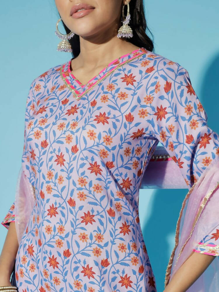 Myshka Women Lavender Printed Kurta & Trousers With Dupatta - Distacart