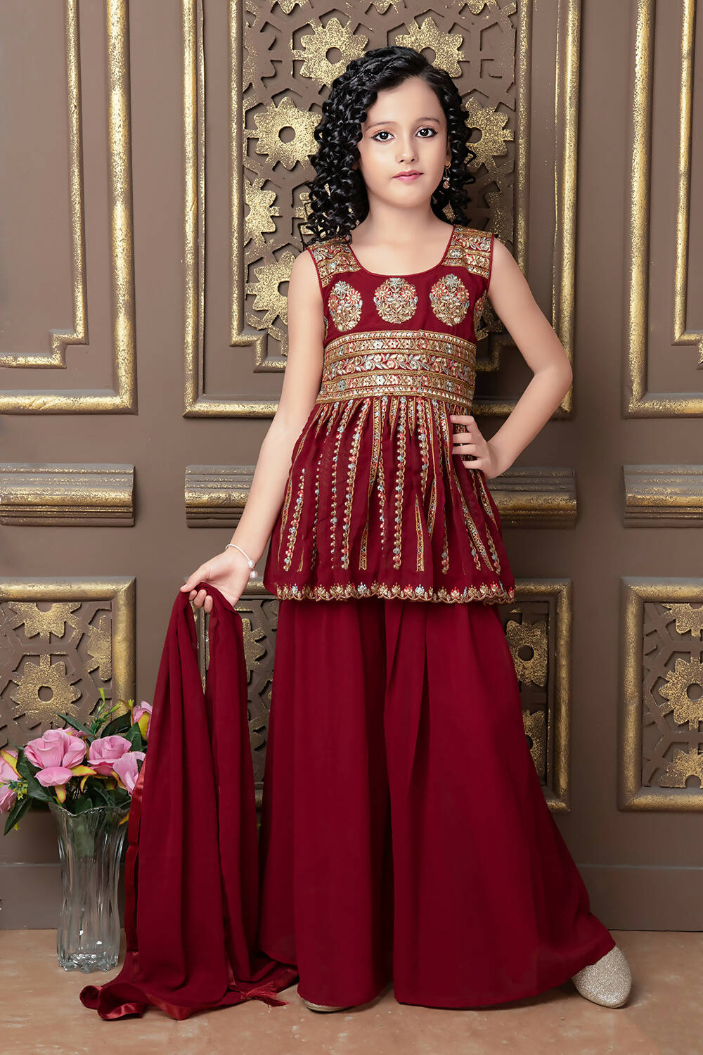 Kids Wedding Designer Maroon Faux Georgette Sharara Suit - Aaradhna - Distacart