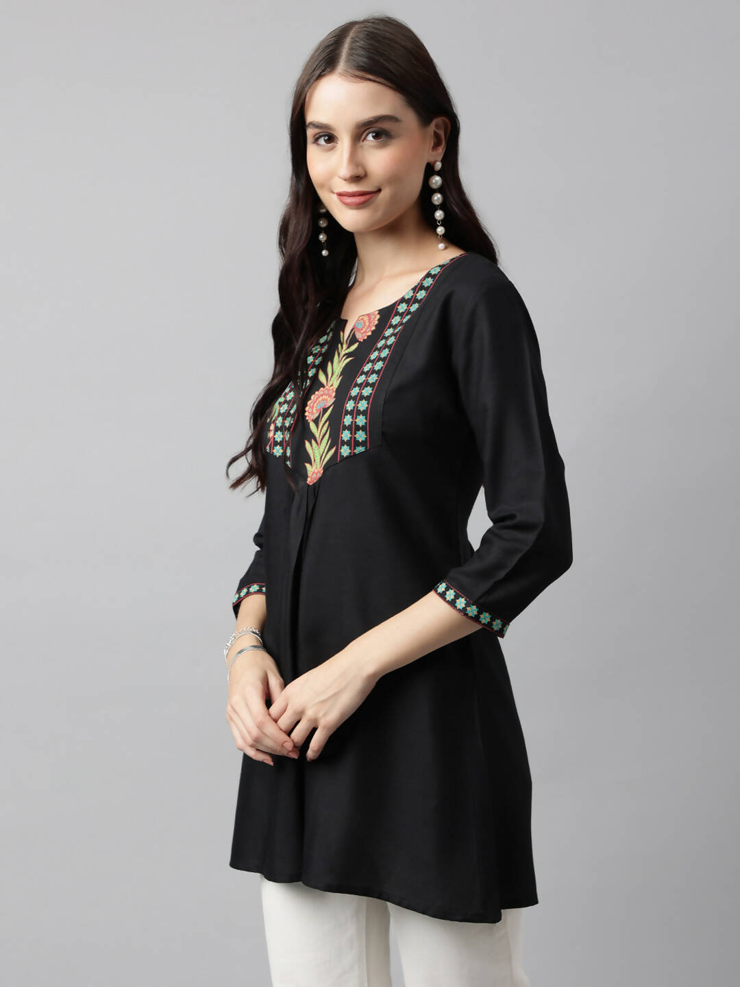 Black Poly Cotton Yoke Printed A-line Top - Bosky - Distacart