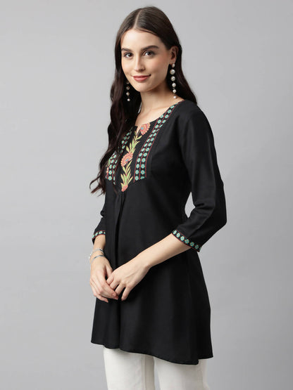 Black Poly Cotton Yoke Printed A-line Top - Bosky - Distacart