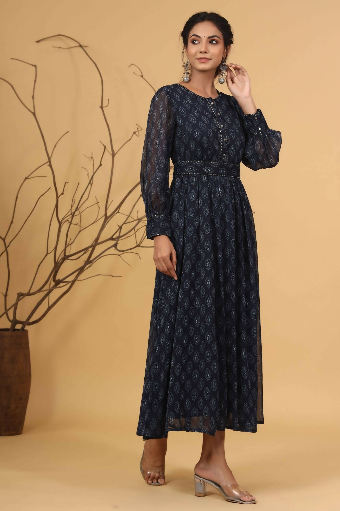 Juniper Women Navy Chiffon Printed Flared Dress - Distacart