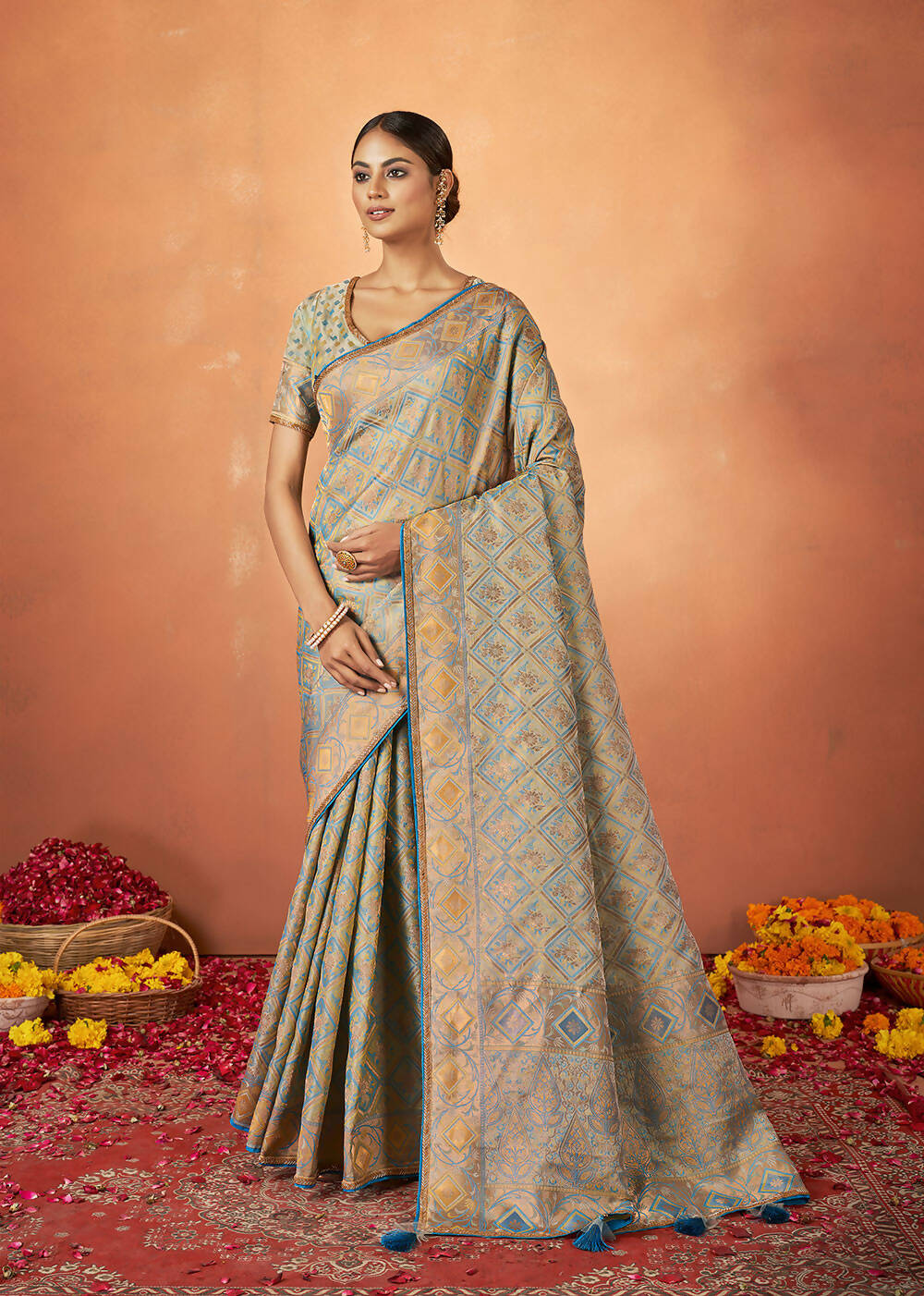 Blue Tusser Satin Silk Woven Design Saree With Unstitched Blouse Piece - Norita Royal Pradha - Distacart