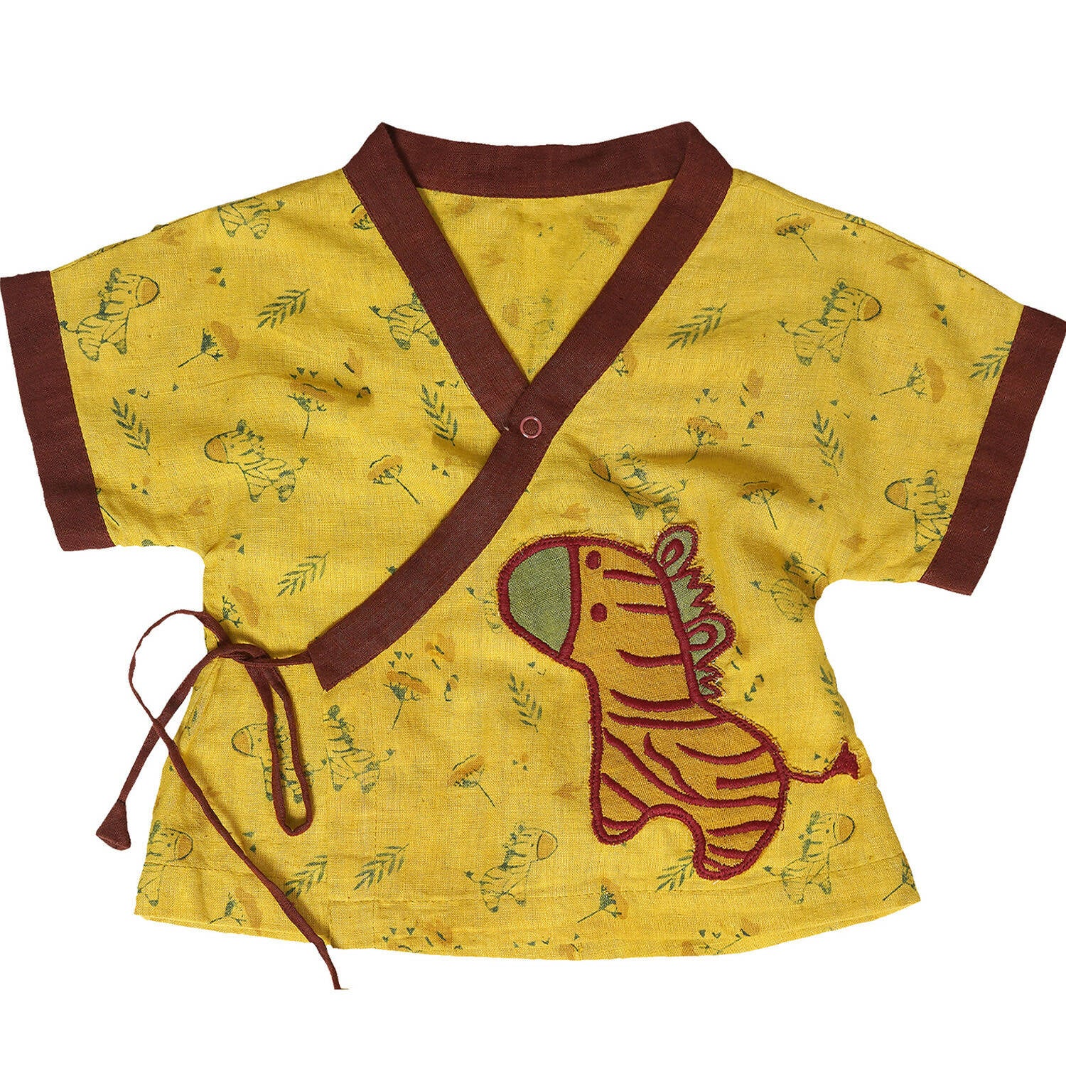 Mhyssa V Neck Kimono Style Half Sleeve Printed Yellow T-shirt With Matching Maroon Shorts Set - Distacart