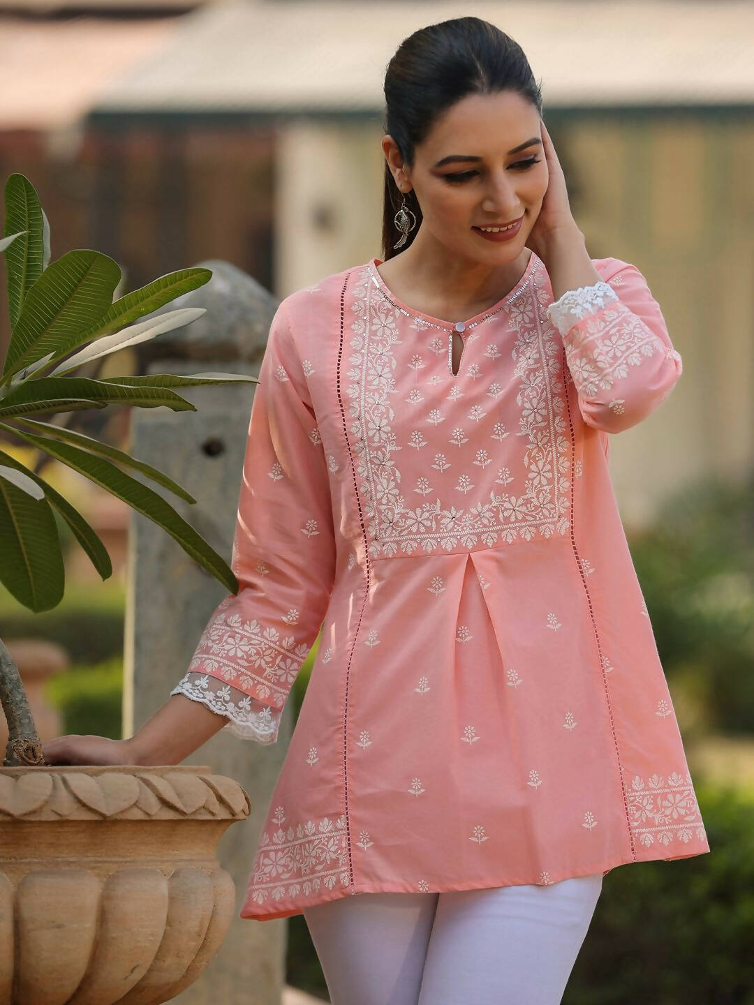 Juniper Women's Peach Cambric Floral Printed Tunic - Distacart