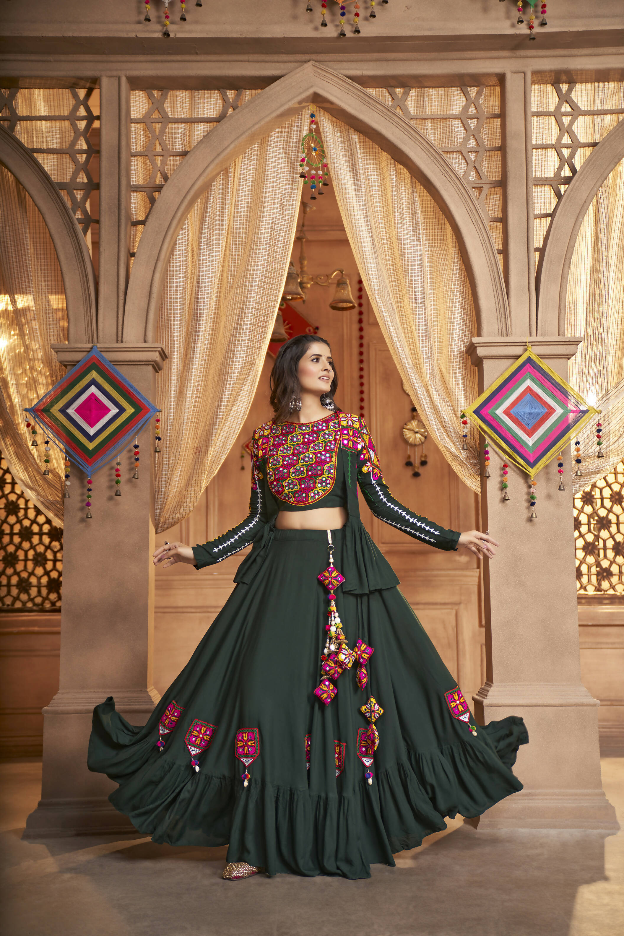 Green Viscose Rayon Thread Embroidered Work With Mirror All Over Navratri Lehenga Choli With Dupatta - Raas - Distacart