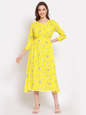 Myshka Women's Yellow Printed Cotton 3/4 Sleeve Round Neck Casual Dress