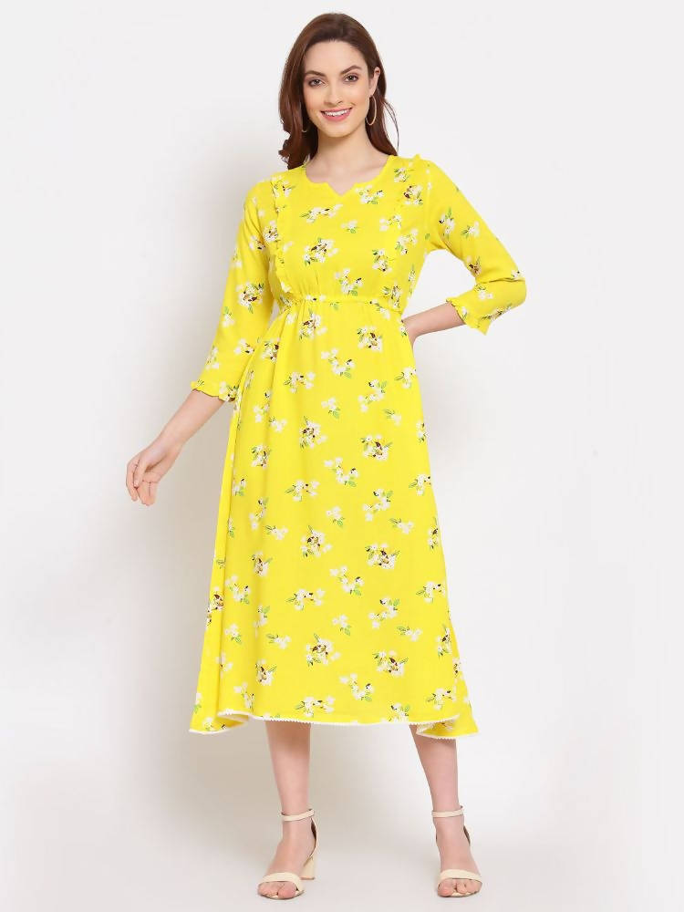 Myshka Women&#39;s Yellow Printed Cotton 3/4 Sleeve Round Neck Casual Dress