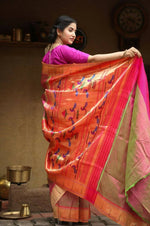 Thumbnail for Very Much Indian Handloom Silk Muniya Border Paithani Dual Tone Beautiful Pink Green - Distacart
