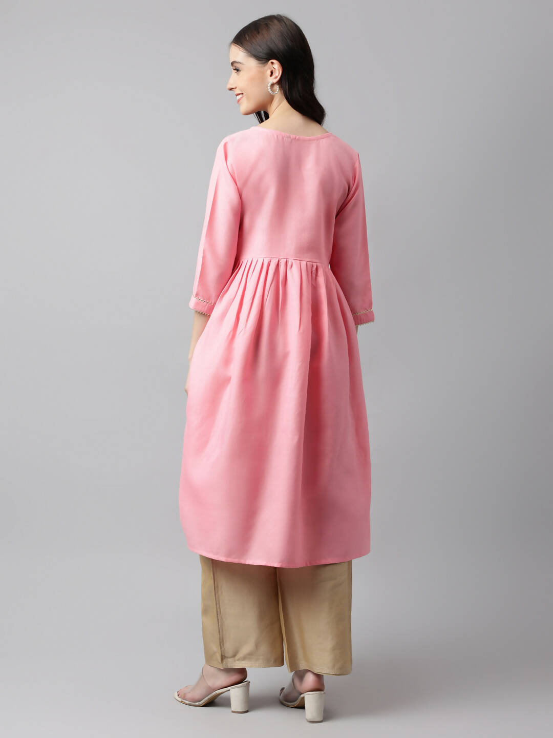 Pink Poly Cotton Solid Nayra Cut Kurta - Tirtha - Distacart