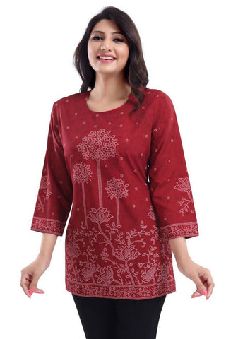 Snehal Creations Maroon Faux Crepe Printed Short Kurti Tunic Top