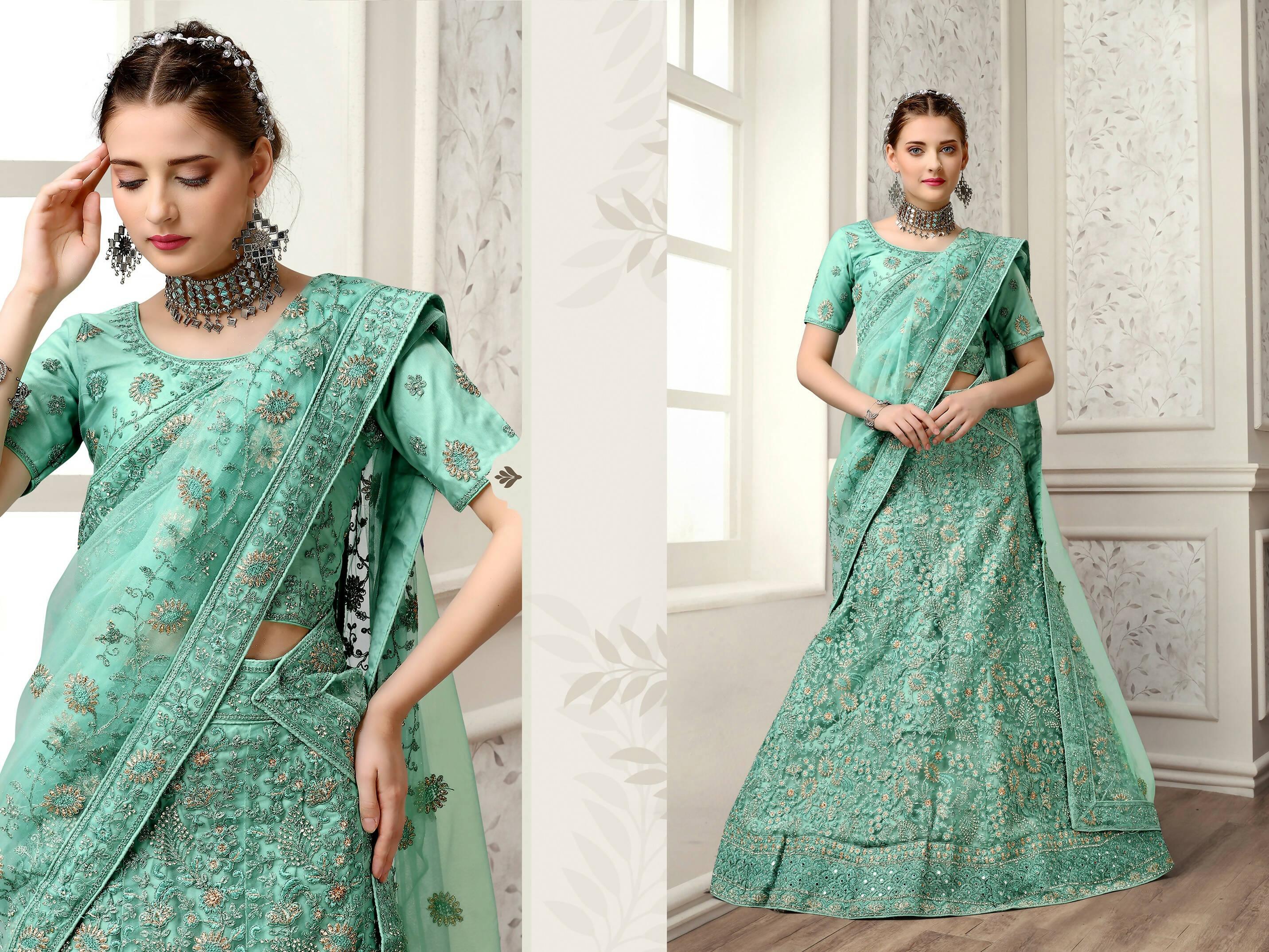 Turquoise Net Fancy Zari Embroidered work Lehenga Choli with Dupatta - Heer - Distacart