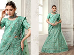 Thumbnail for Turquoise Net Fancy Zari Embroidered work Lehenga Choli with Dupatta - Heer - Distacart
