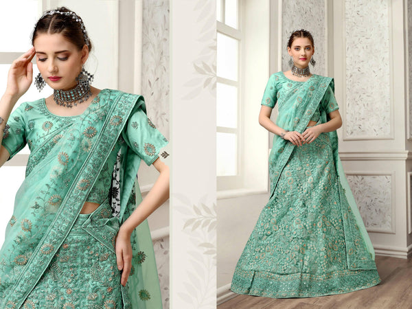 Turquoise Net Fancy Zari Embroidered work Lehenga Choli with Dupatta - Heer - Distacart