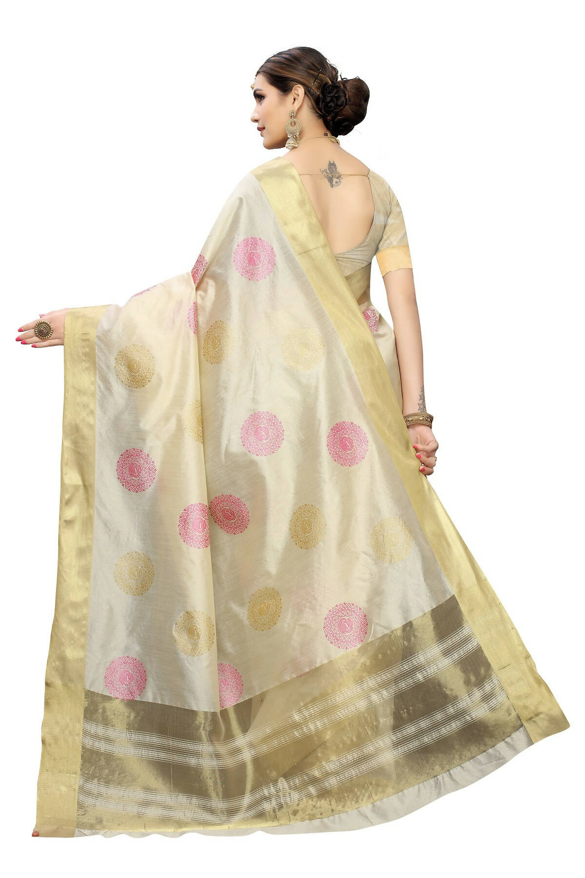 Vamika Cream Weaving Cotton Polyester Silk Saree (Kerala Bird Pink) - Distacart