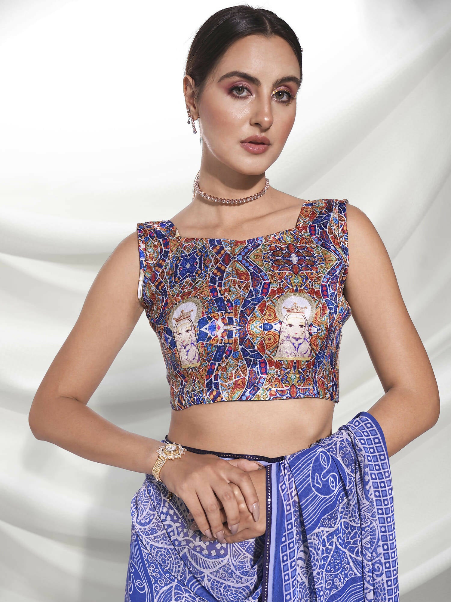 Blue Georgette Floral Printed Saree With Unstitched Blouse Piece - Rajal - Distacart
