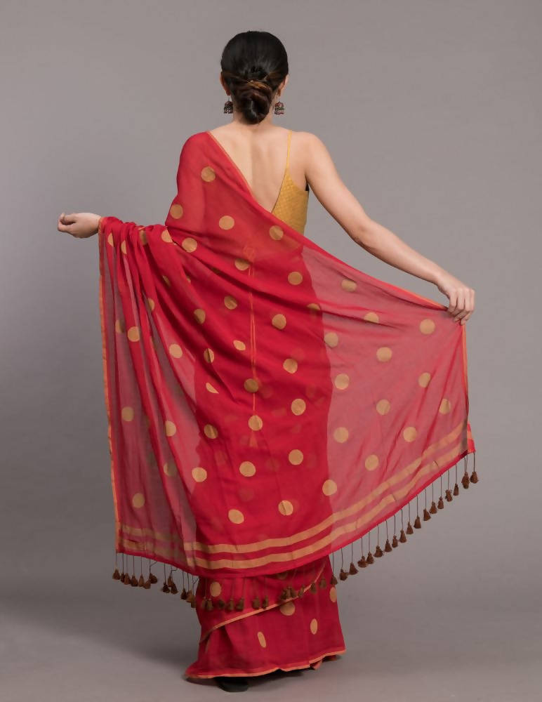 Suta Red Beige Polka Printed Pure Cotton Saree - Distacart