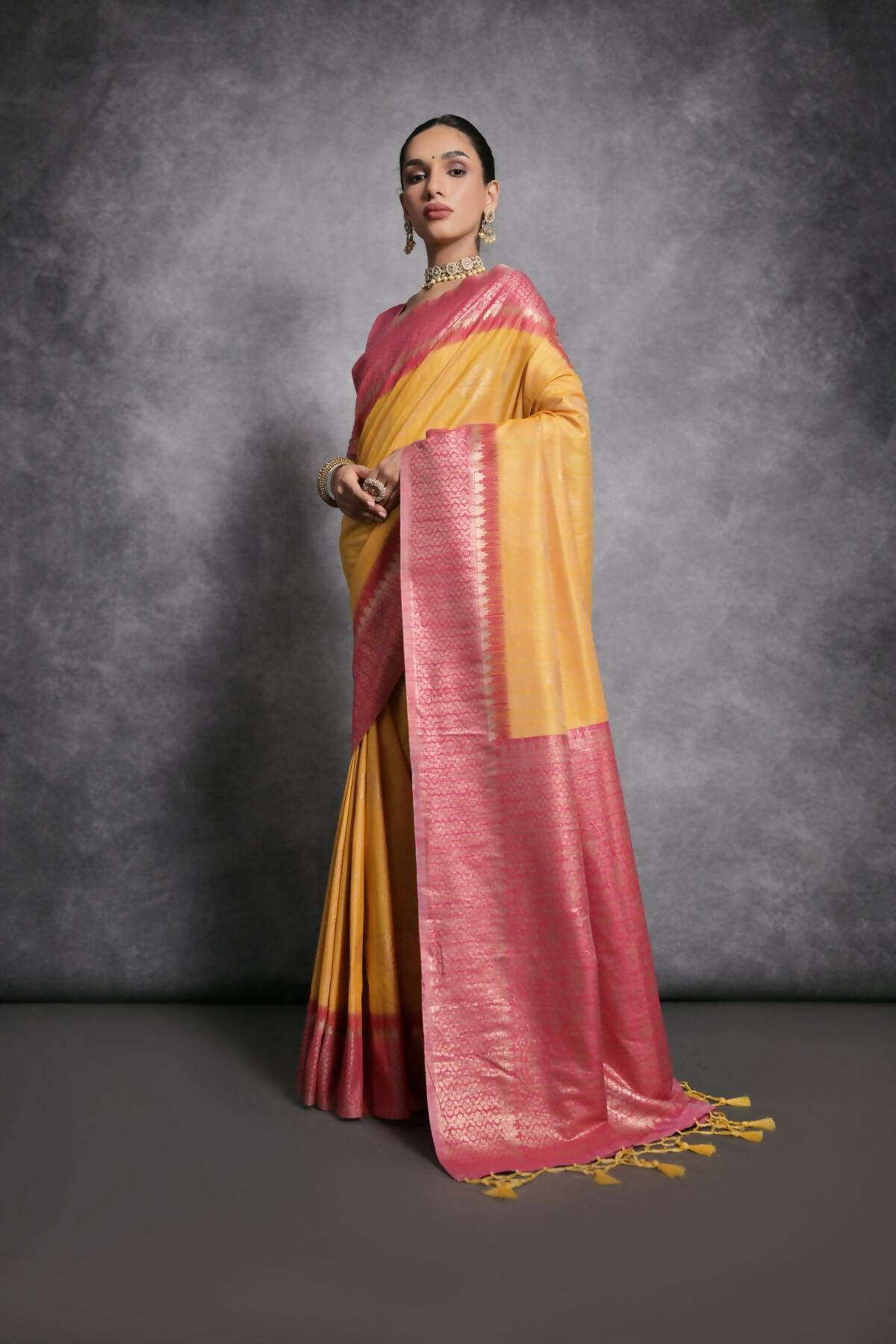 Vishnu Weaves Women's Yellow Tussar Silk Zari Woven Saree with Blouse - Distacart