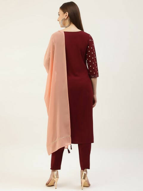 FIORRA Women's Maroon Poly Crepe Straight Kurta Pant With Dupatta - Distacart