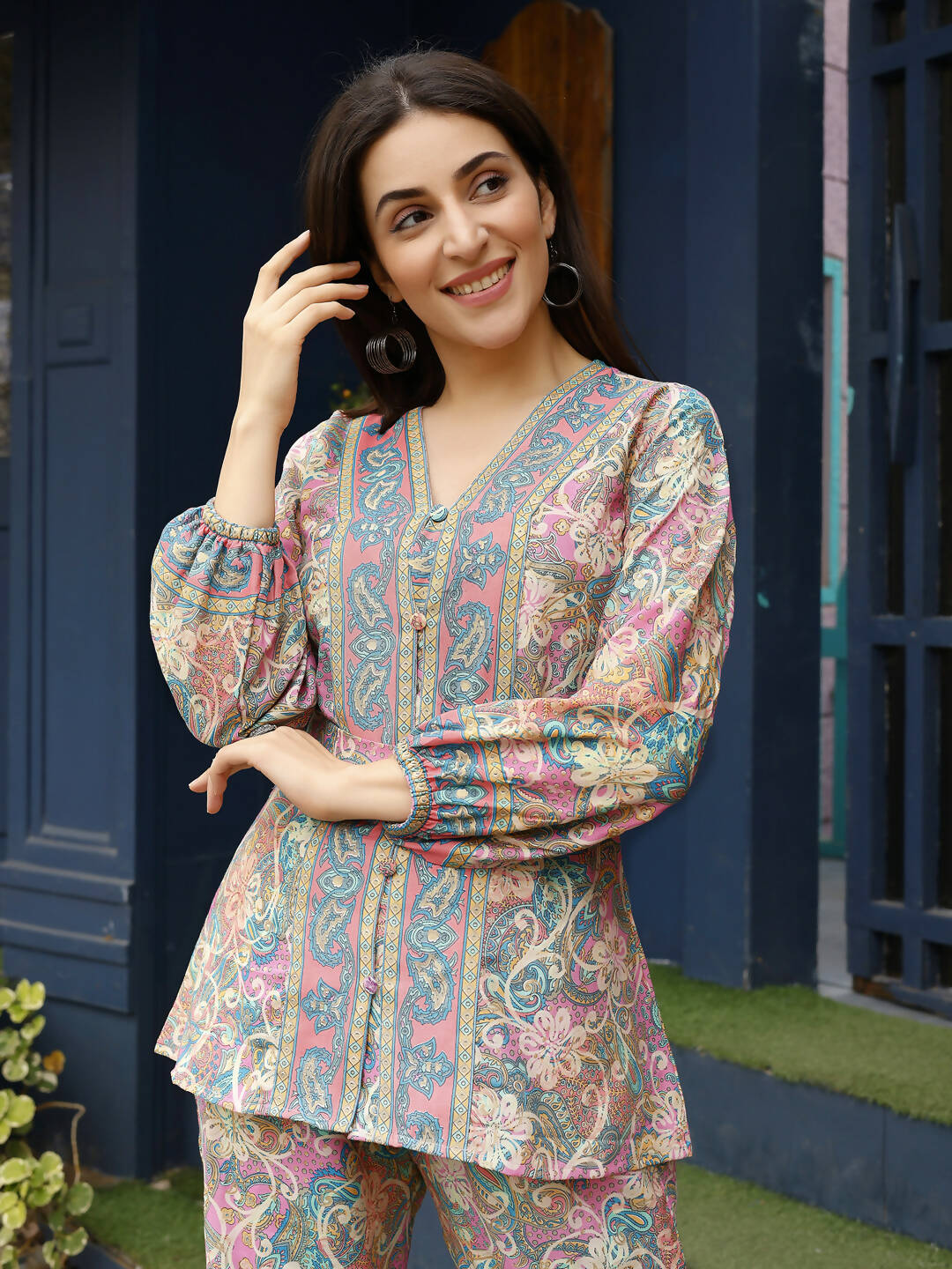 Pink Rayon Paisley & Floral Printed Top with Matching Bottom - Eesha - Distacart