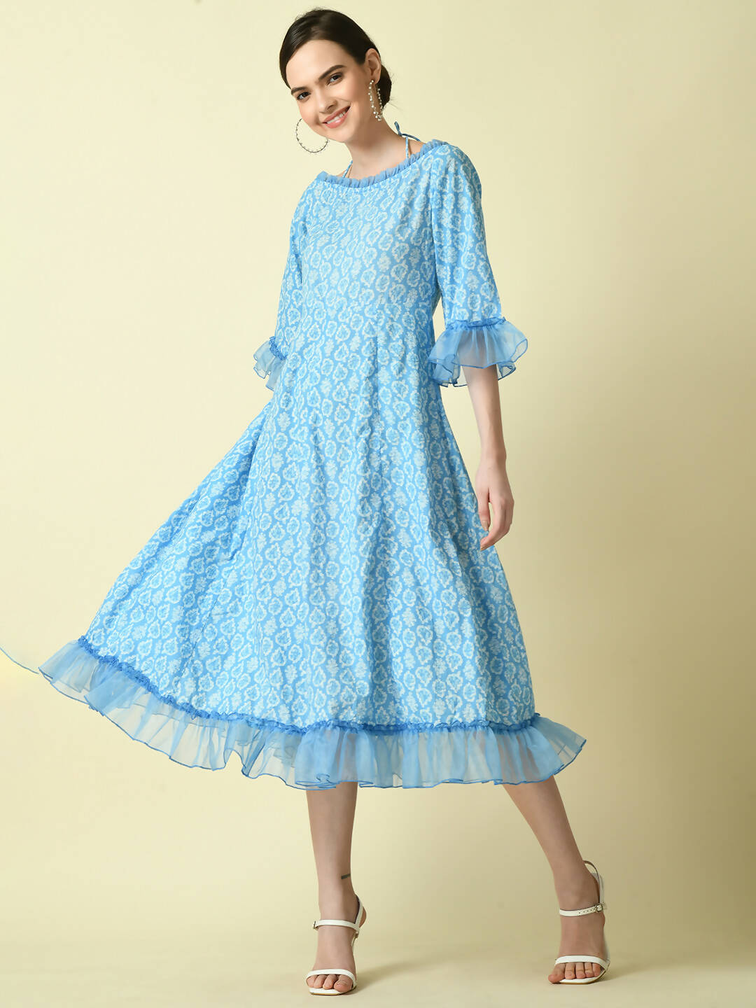 Myshka Women's Blue Empire Printed Dress - Distacart