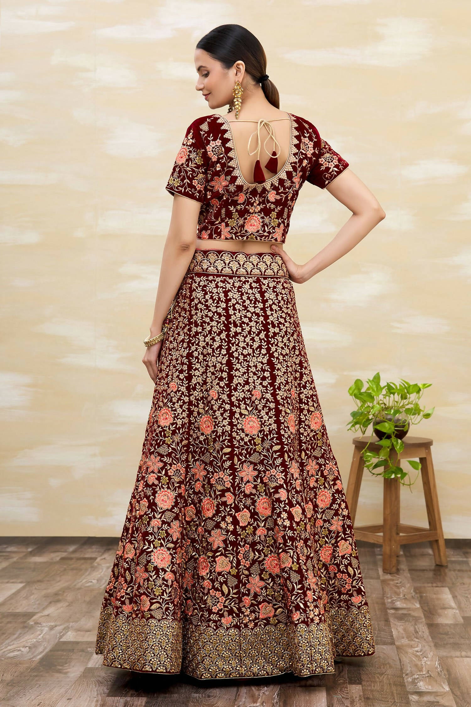 Maroon Velvet Semi-Stitched Wedding Bridal Lehenga - Nimaya - Distacart