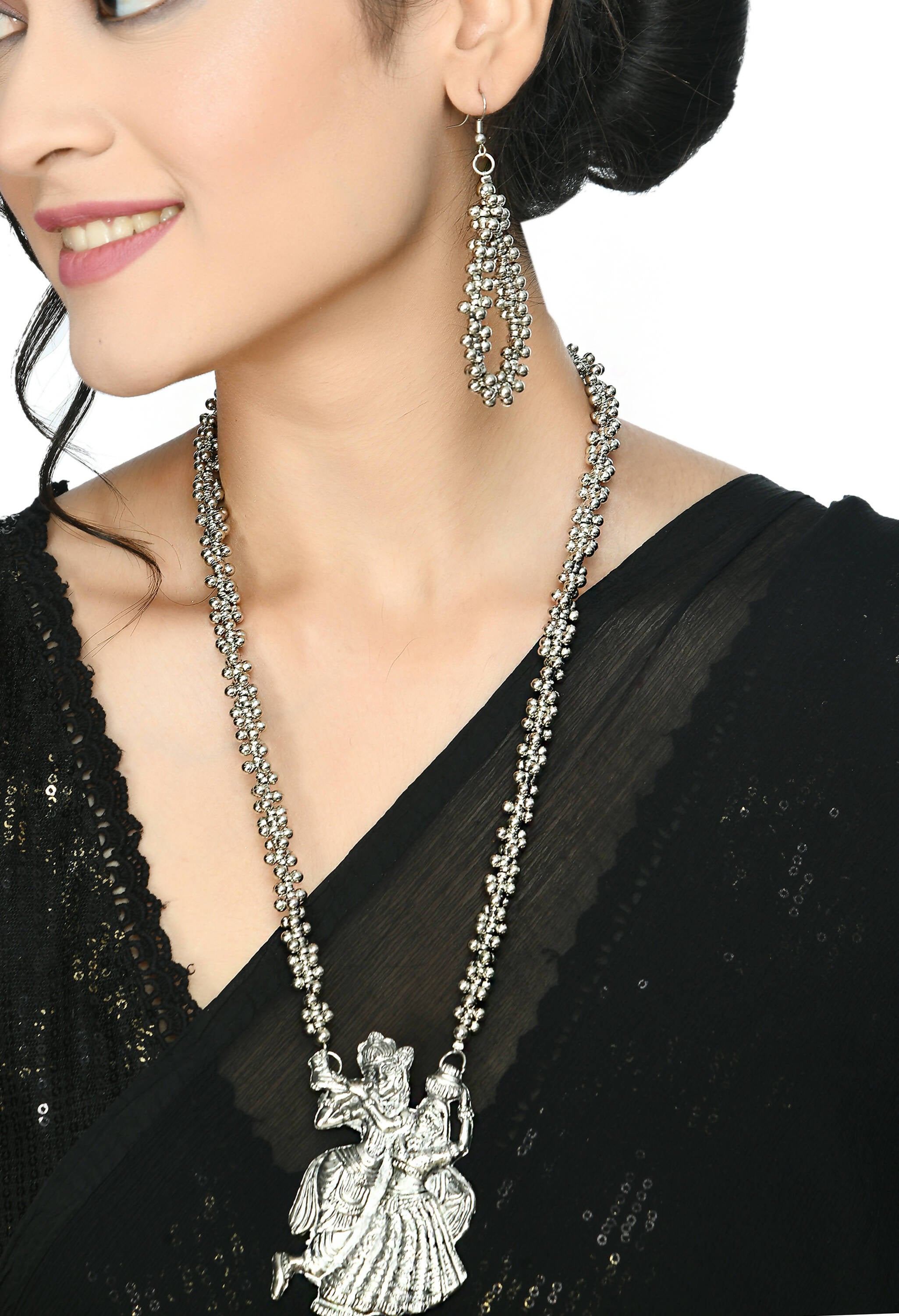 Mominos Fashion Johar Kamal Oxidised Silver-Plated Brass Finish Radha Kishan Long Necklace For Women - Distacart