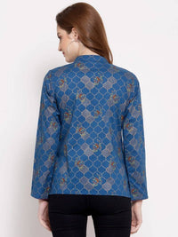 Thumbnail for Myshka Women's Blue Cotton Full Sleeve Mandarin Collar Printed Casual Jacket