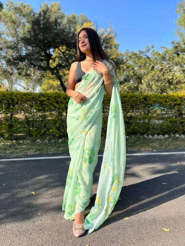 Vamsee Green Chiffon Designer Saree - Distacart
