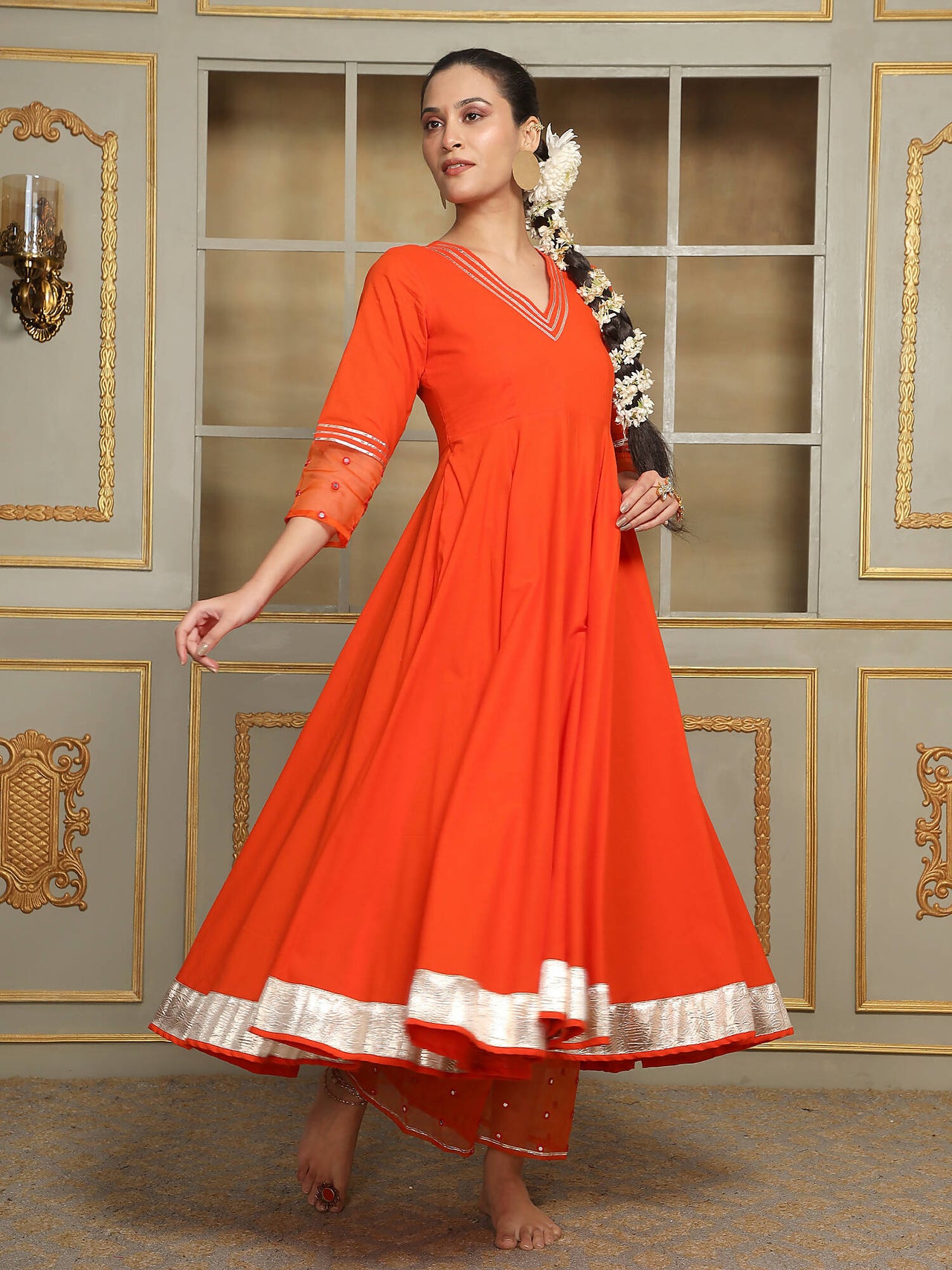 Pomcha Jaipur Orange Saadgi Orange Mirror Work Anarkali Set - Distacart
