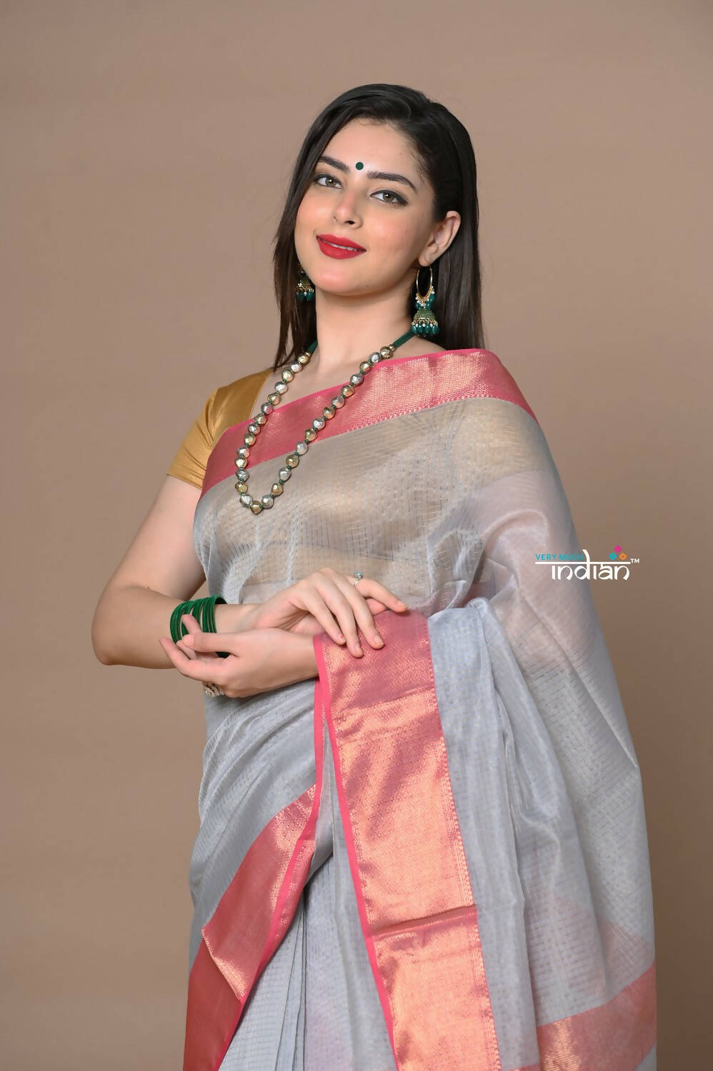 Very Much Indian Rajsi - Handloom Ari Checks Cotton Silk Saree With Golden Border - Grey - Distacart