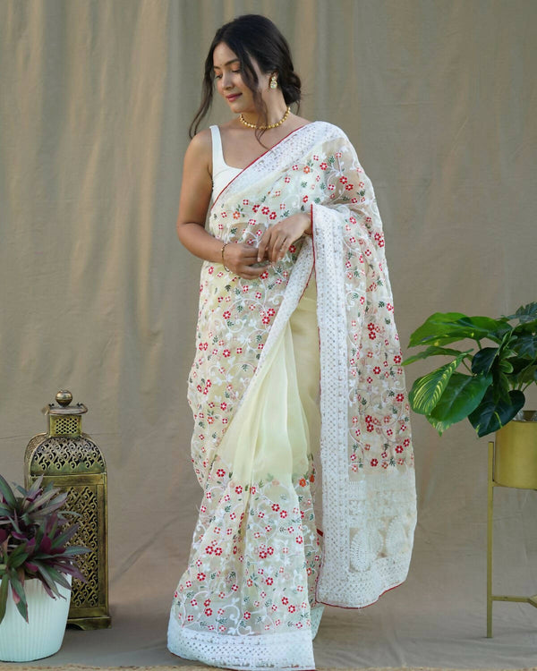 Vastrasky Yellow Organza Saree - Distacart