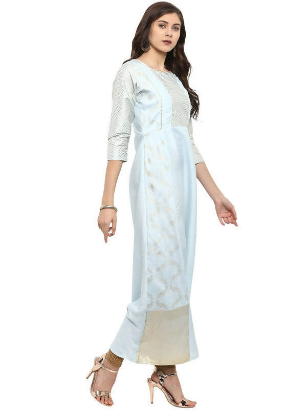 Ahalyaa Women Blue & Silver-Coloured Yoke Design A-Line Kurta - Distacart